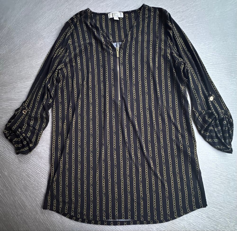 Michael Kors Chain Stripe Tunic Blouse Black Gold Zip Front Roll Tab XL